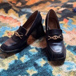 Sam Edelman Quincy Women's 9 Heels Block Square Toe Loafer Black Gold Shoes